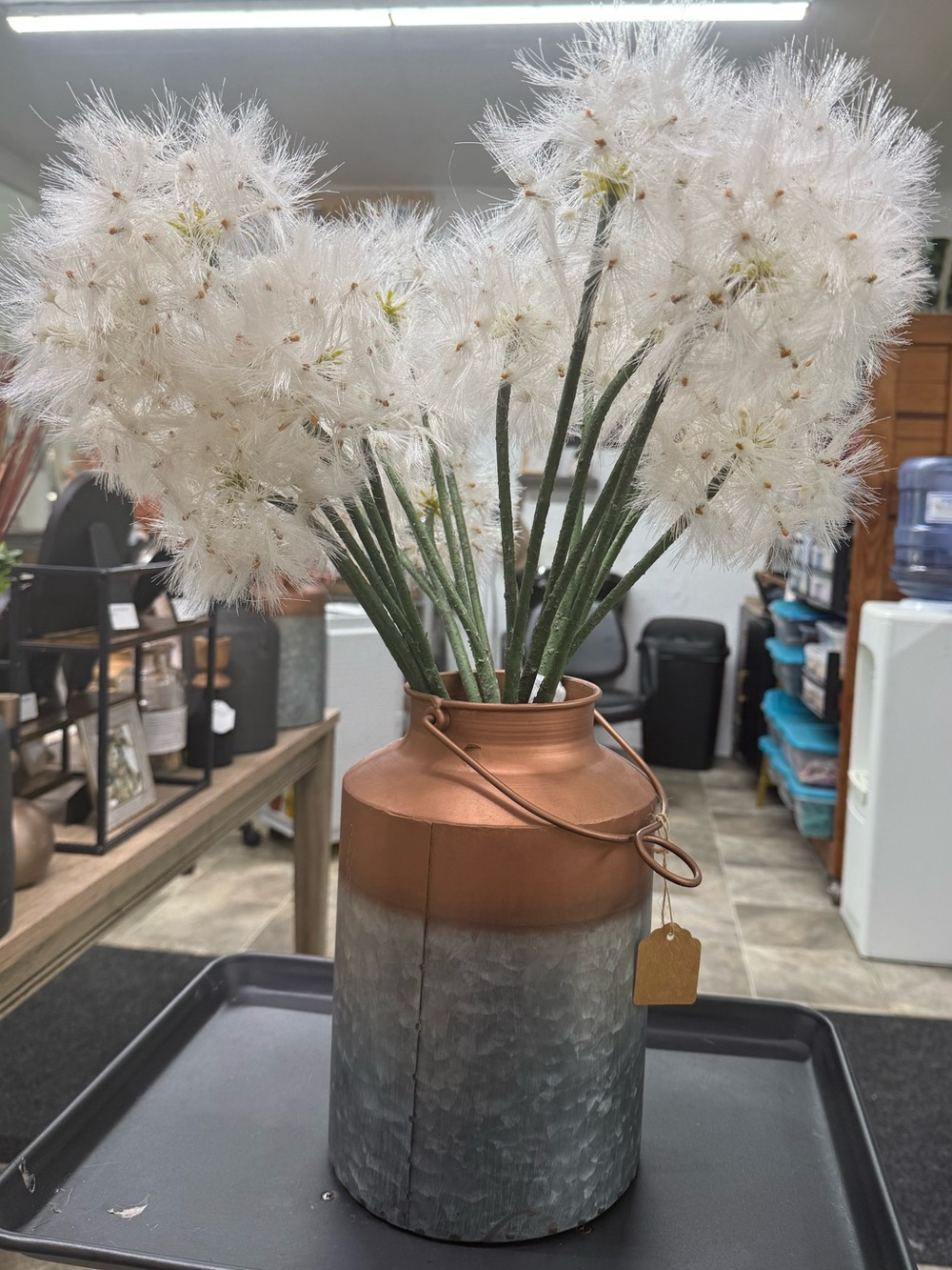 Decorative White Dandelion Stem Arrangement in Copper-Topped Metal Vase -